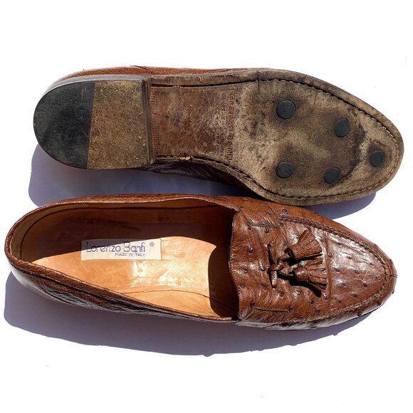 VTG Lorenzo Banfi Men’s Brown Ostrich Leather Tassel Slip On Loafers Italy 10.5